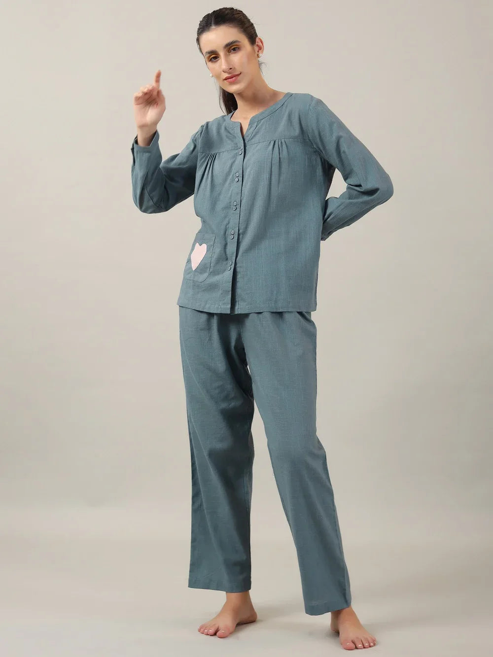 Teal Color Solid Cotton Night Suit for Women - SanskrutiHomes