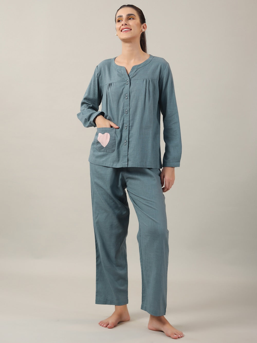 Teal Color Solid Cotton Night Suit for Women