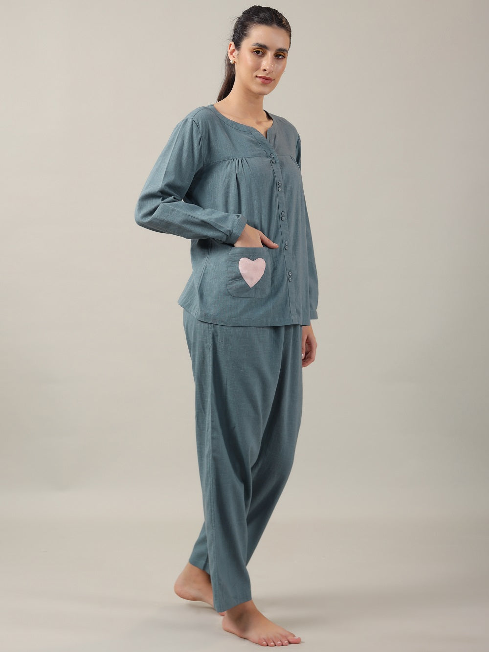 Teal Color Solid Cotton Night Suit for Women