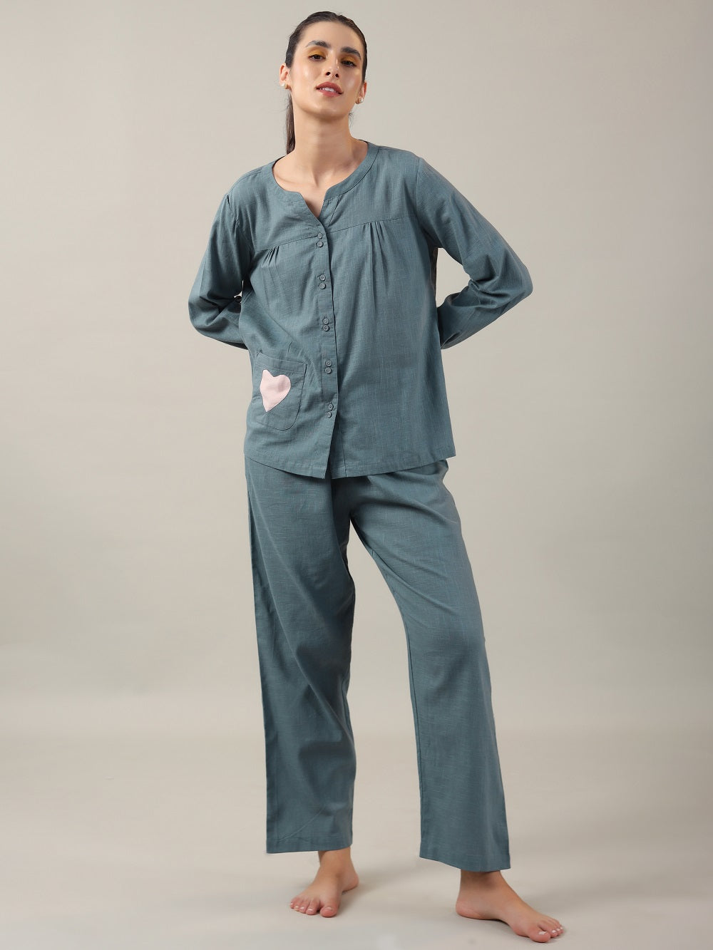 Teal Color Solid Cotton Night Suit for Women