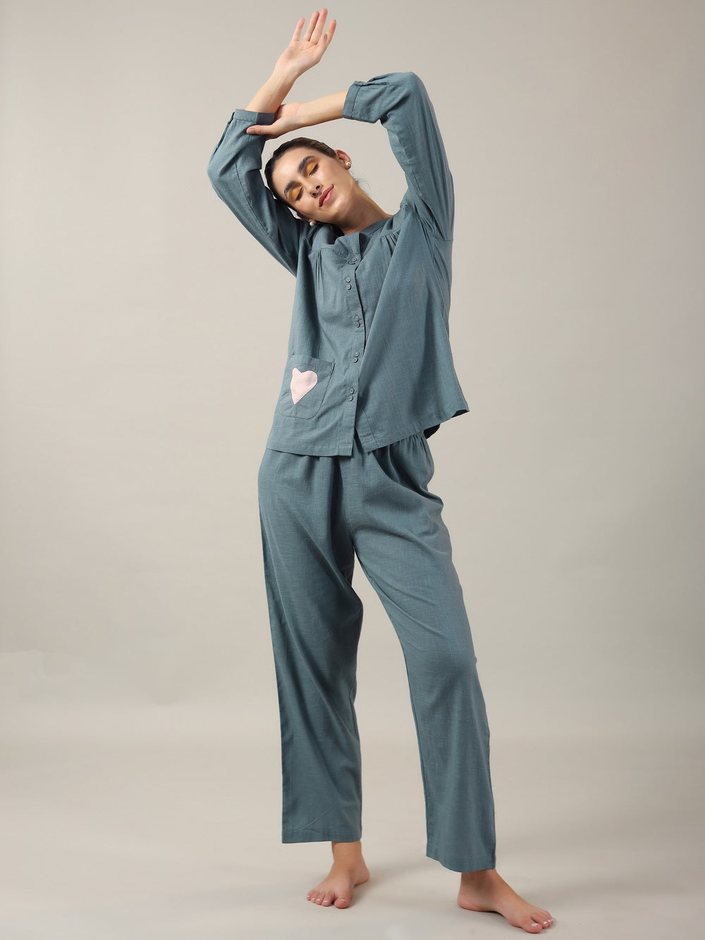 Teal Color Solid Cotton Night Suit for Women