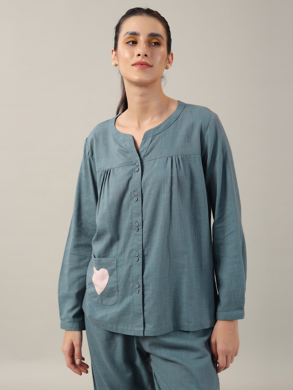 Teal Color Solid Cotton Night Suit for Women