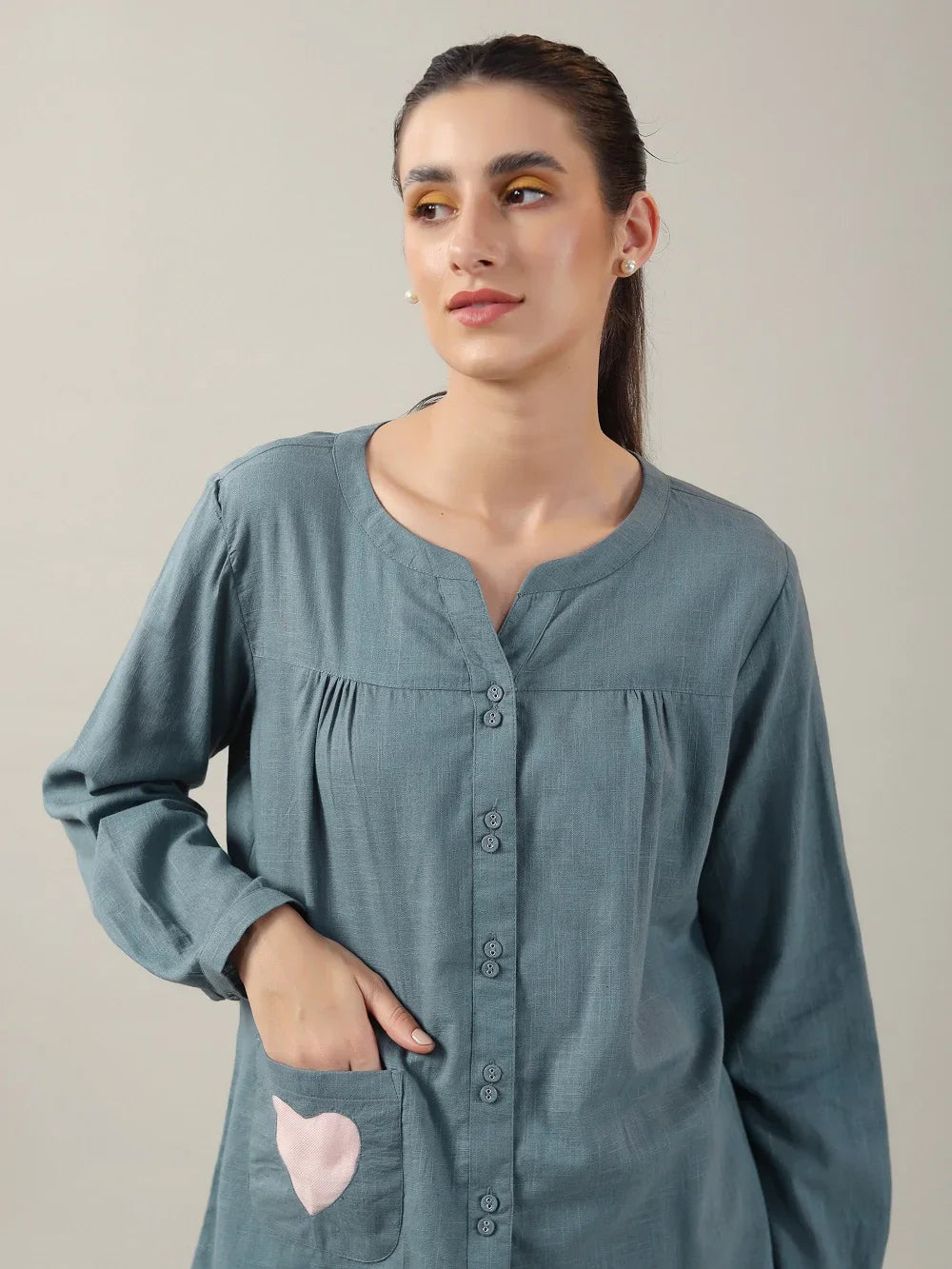 Teal Color Solid Cotton Night Suit for Women - SanskrutiHomes