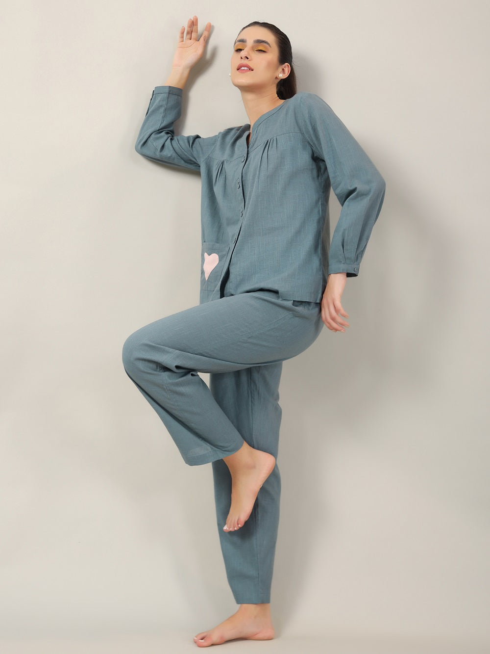 Teal Color Solid Cotton Night Suit for Women