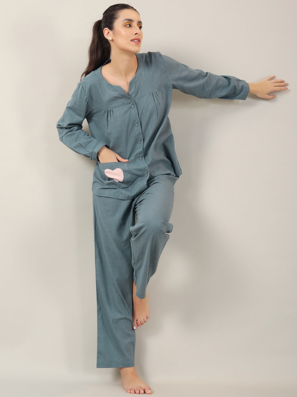 Teal Color Solid Cotton Night Suit for Women