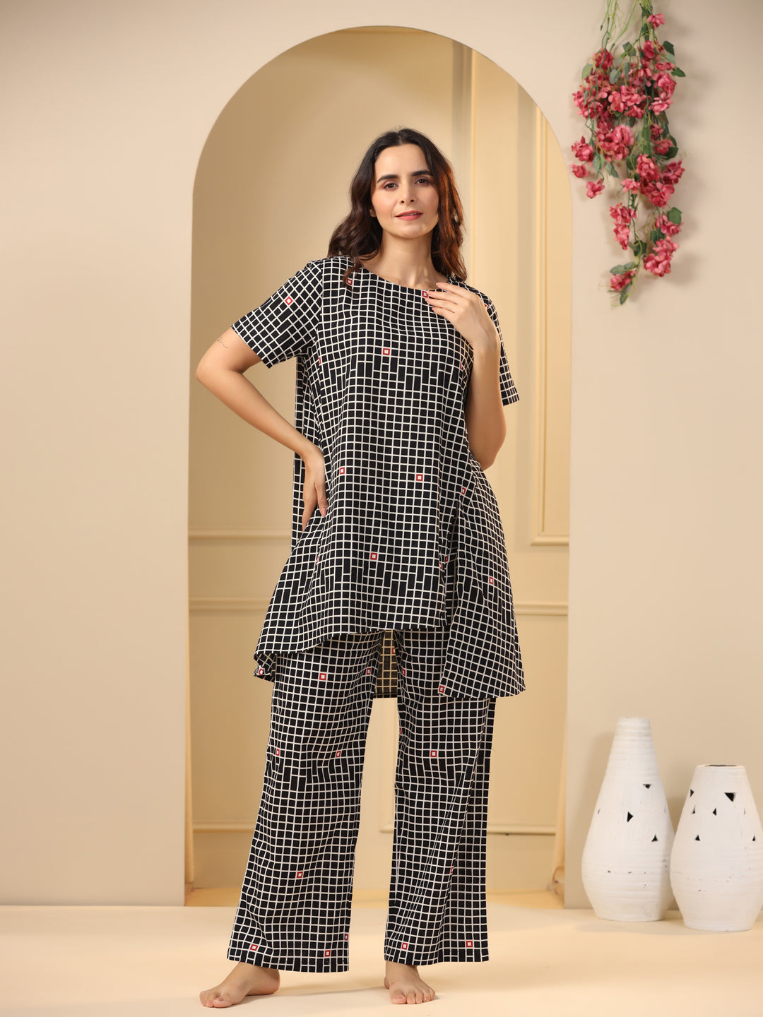 Black checks printed pure cotton night suit set