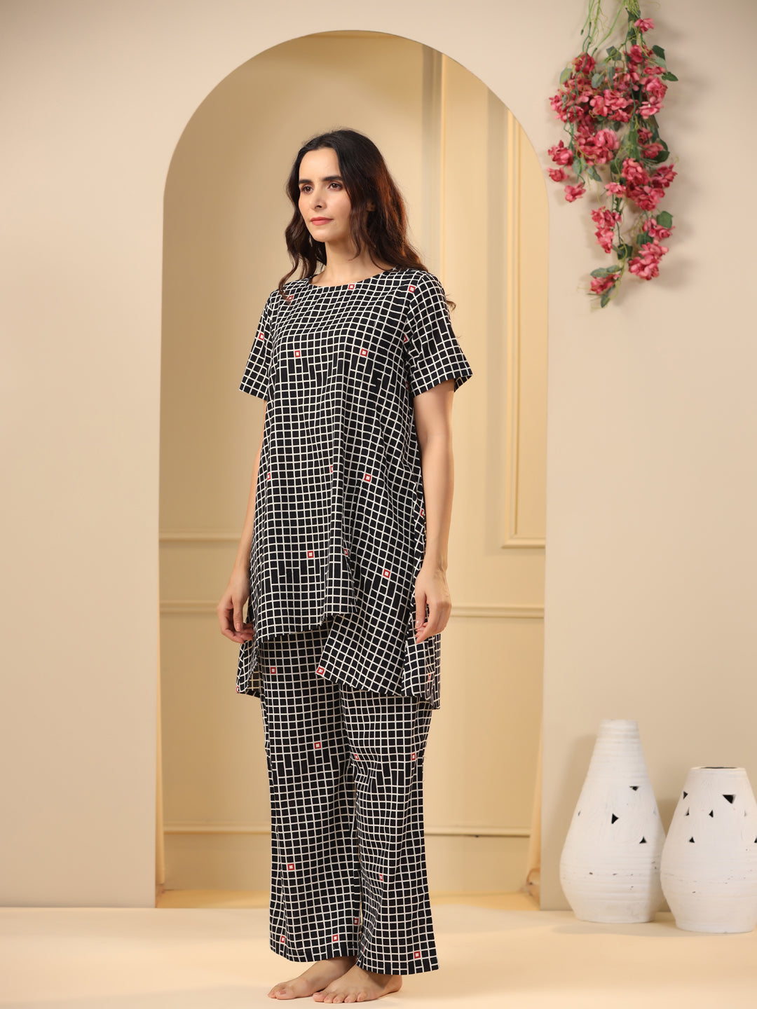 Black checks printed pure cotton night suit set