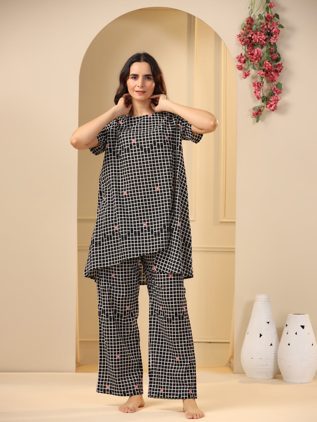 Black checks printed pure cotton night suit set