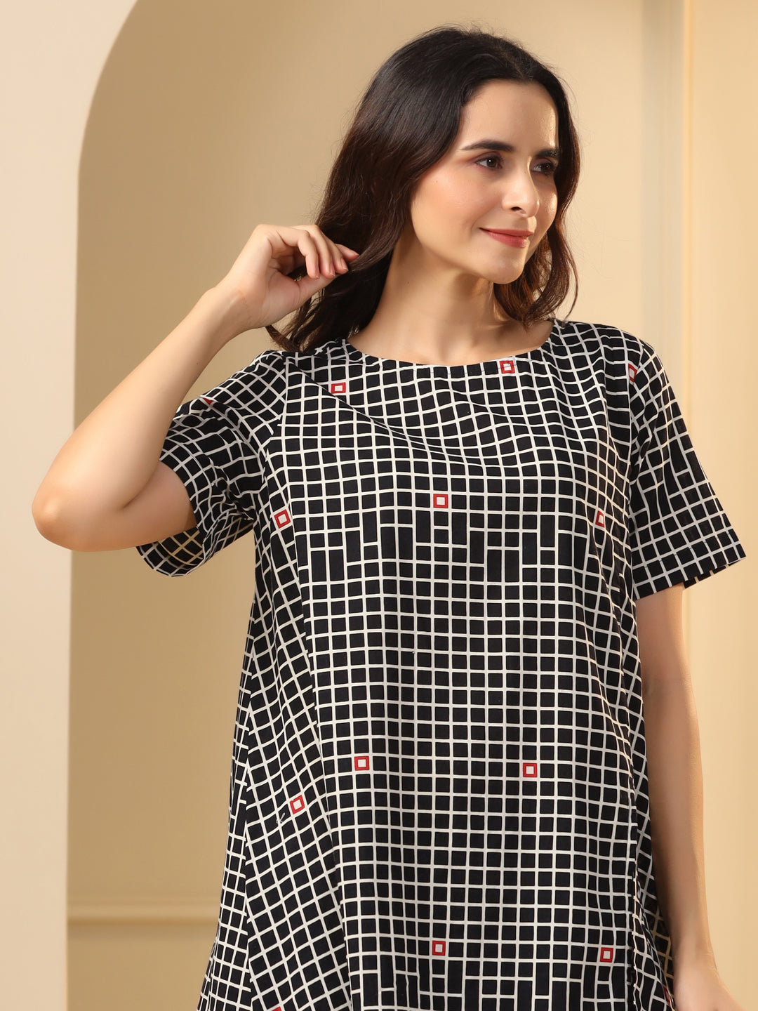 Black checks printed pure cotton night suit set