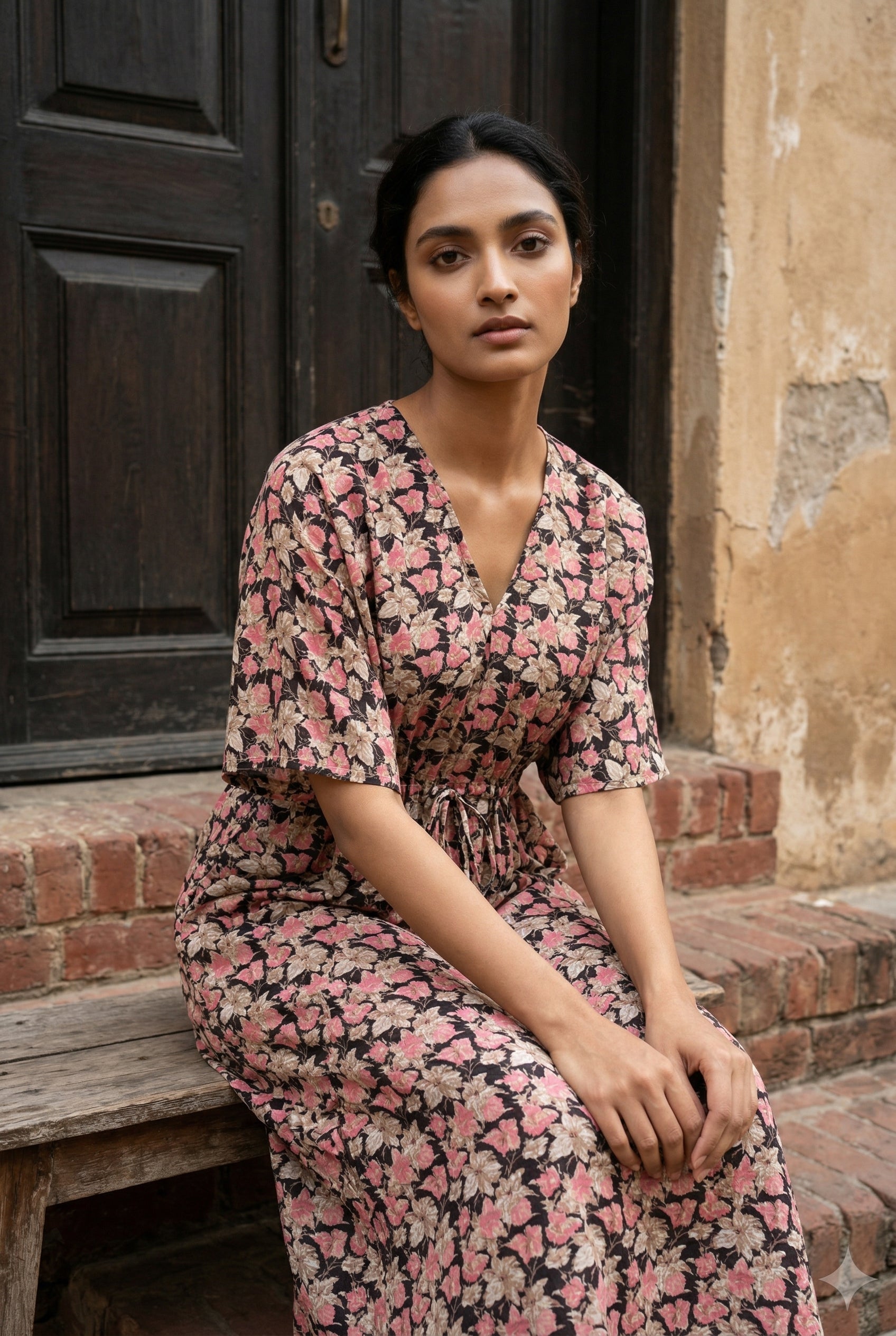 Black V-Neck Floral Print Pure Cotton Nightdress For Women