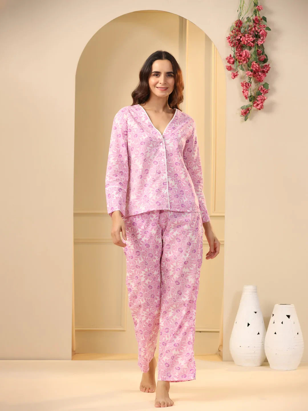 Pink cotton Night Suit Set - SanskrutiHomes