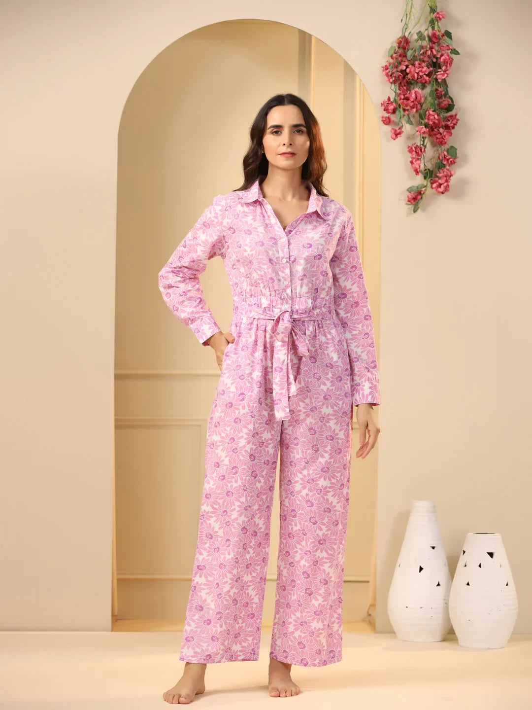 Pink floral Pure Cotton Jumpsuit - SanskrutiHomes