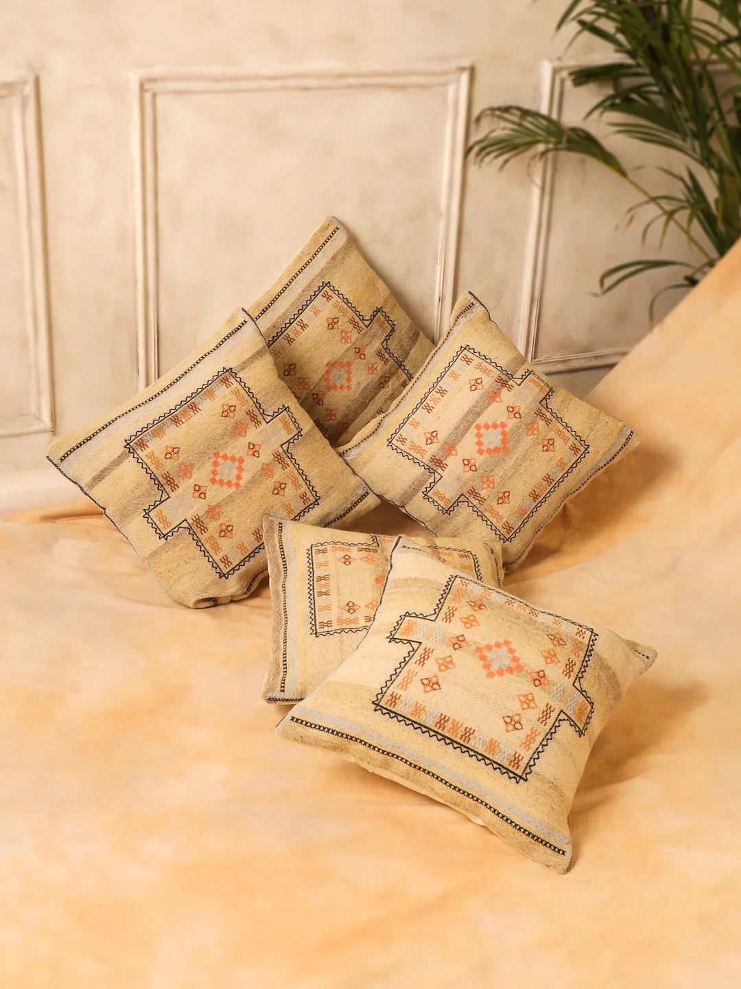 Beige Color Jute Cotton Geometric Cushion Covers