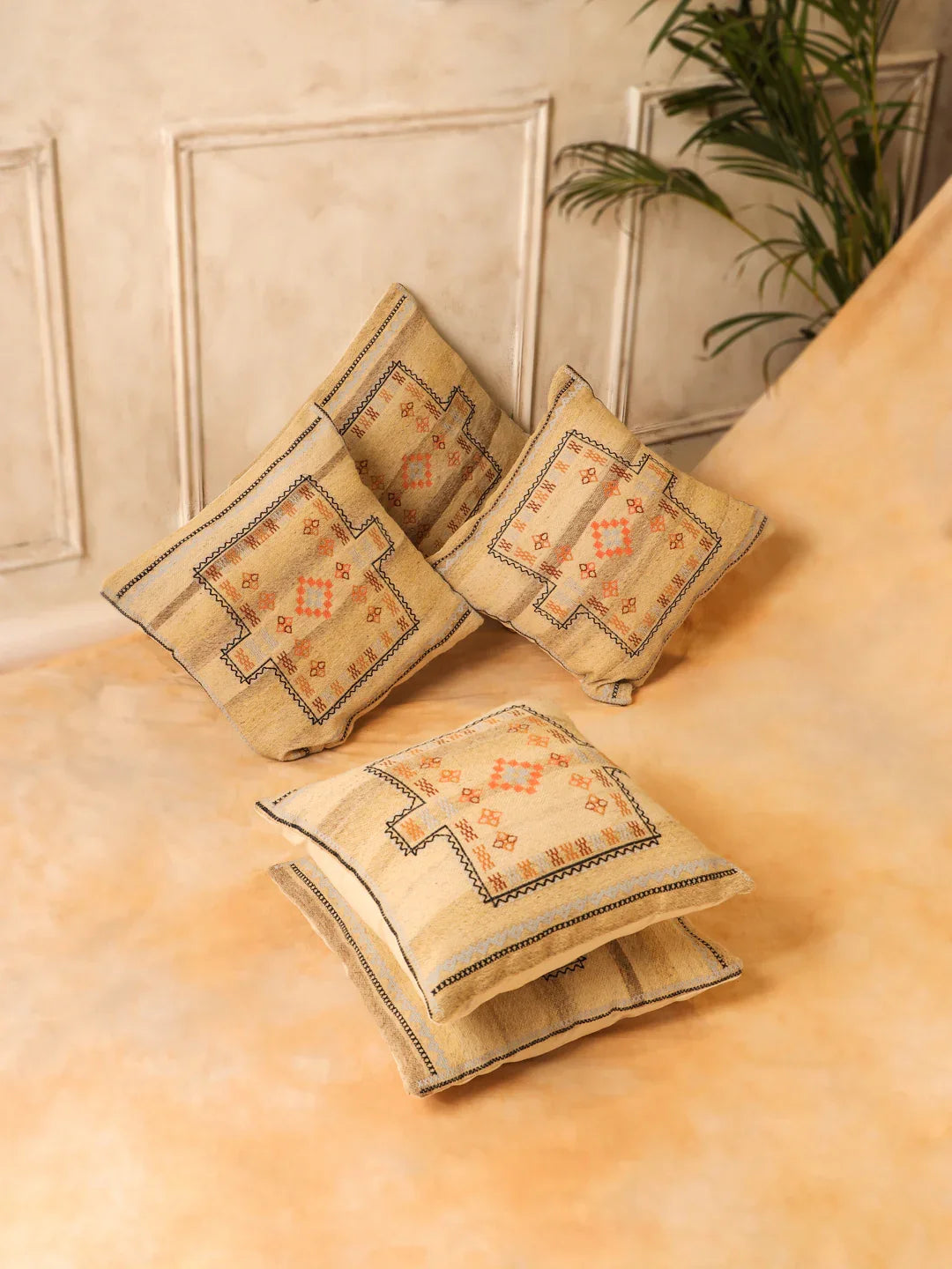 Beige Color Jute Cotton Geometric Cushion Covers