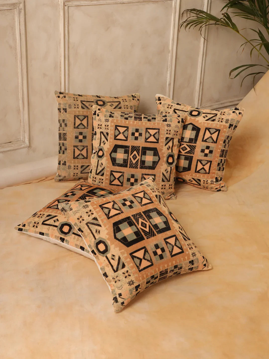 Velvet Beige Colour Geometric Cushion Covers - SanskrutiHomes