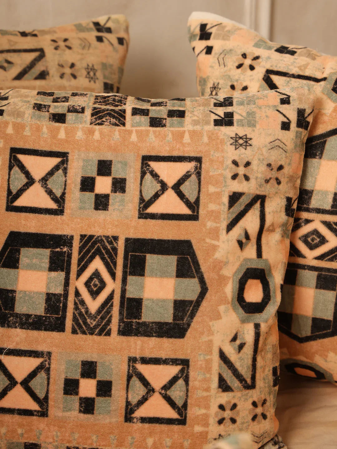 Velvet Beige Colour Geometric Cushion Covers - SanskrutiHomes