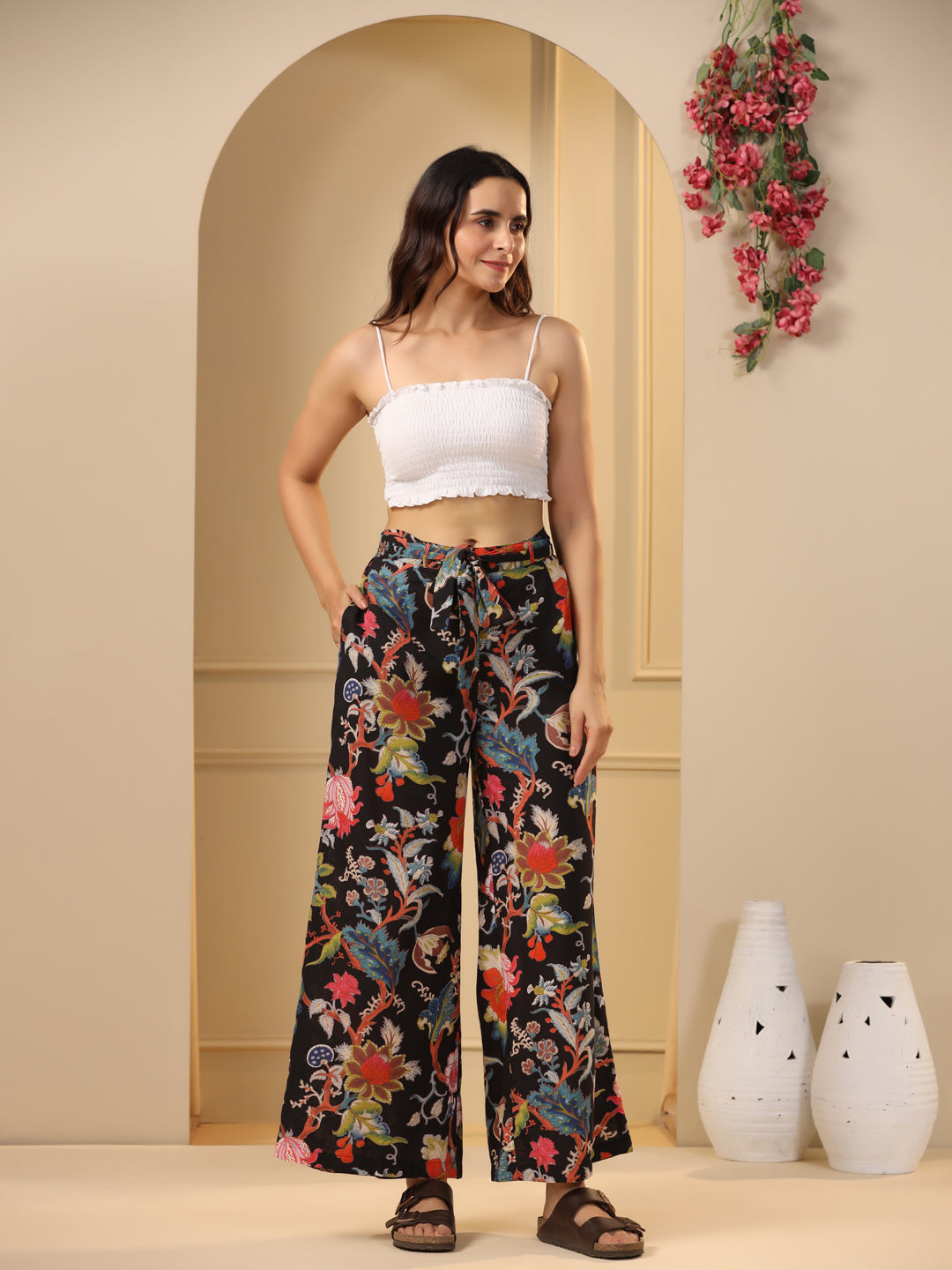 Black & Pink Floral Printed Pure Cotton Lounge Pants - SanskrutiHomes