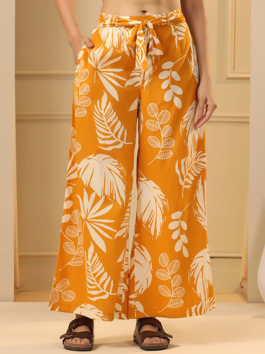 Mustard Yellow & White Floral Printed Flared Cotton Palazzos - SanskrutiHomes