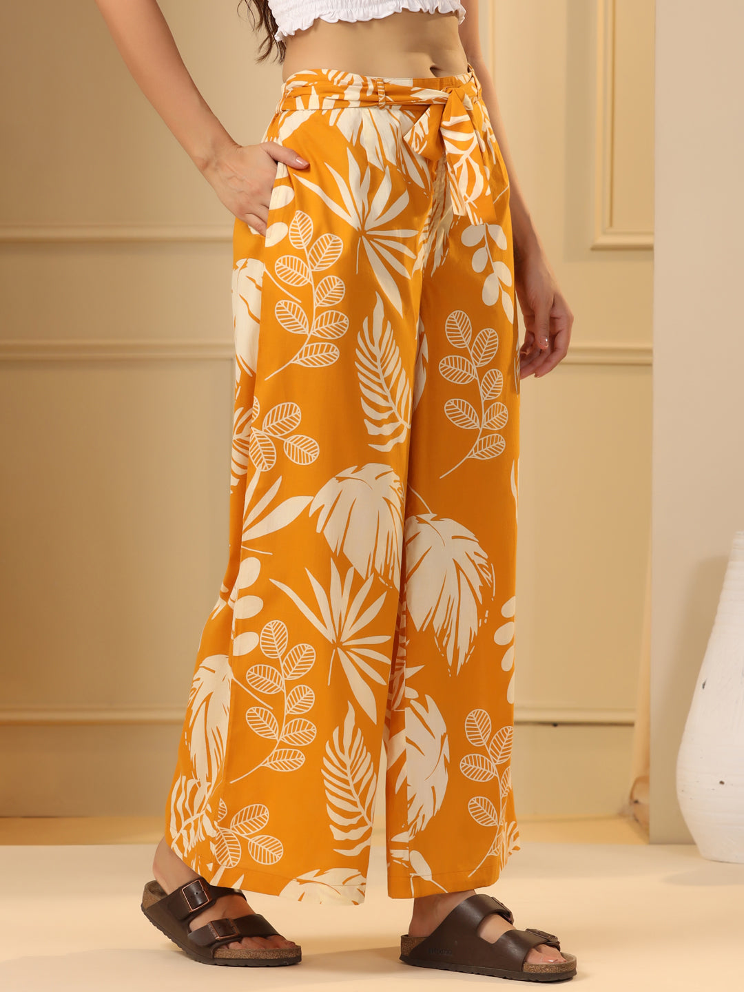 Mustard Yellow & White Floral Printed Flared Cotton Palazzos - SanskrutiHomes