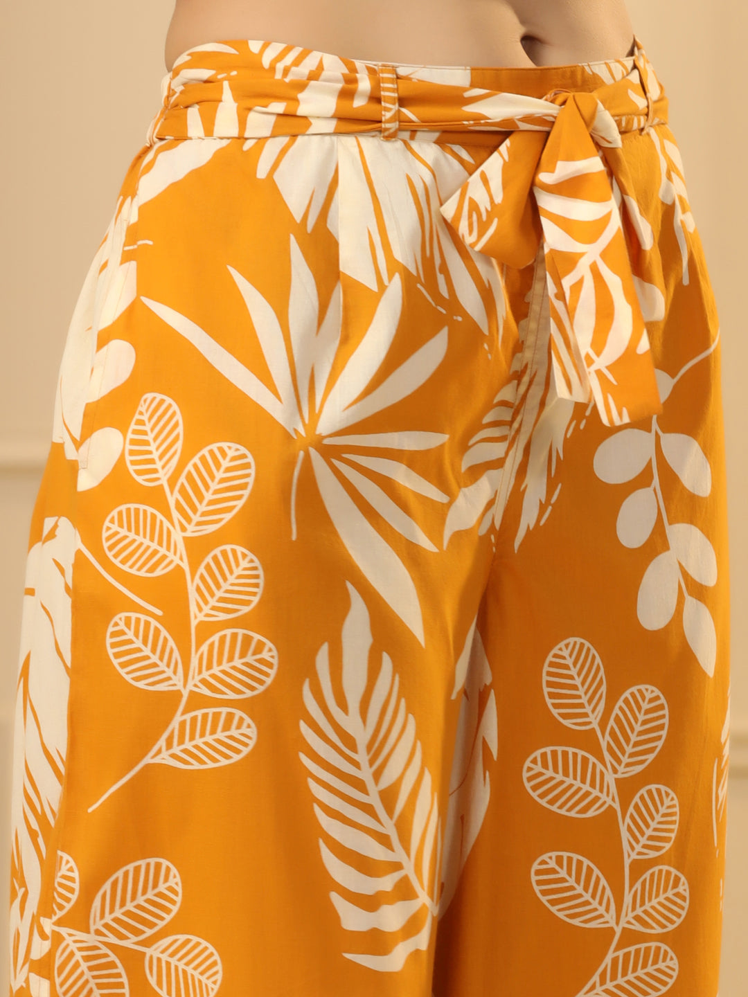 Mustard Yellow & White Floral Printed Flared Cotton Palazzos - SanskrutiHomes
