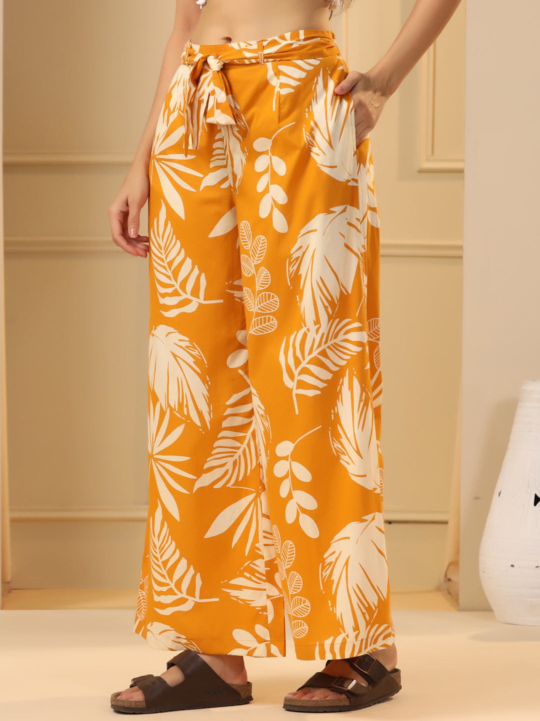 Mustard Yellow & White Floral Printed Flared Cotton Palazzos - SanskrutiHomes