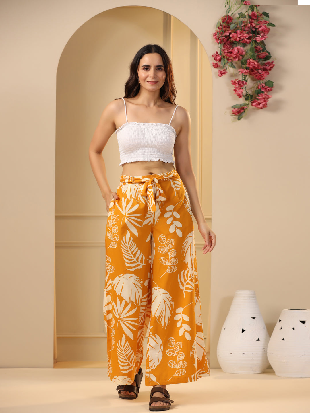 Mustard Yellow & White Floral Printed Flared Cotton Palazzos - SanskrutiHomes