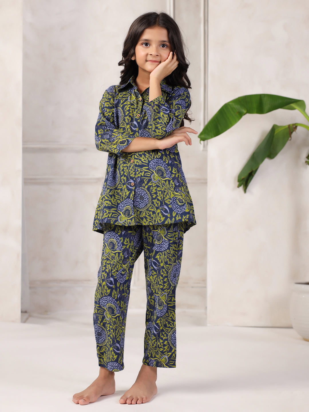 Floral Printed Cotton Night Suit Set for Kids