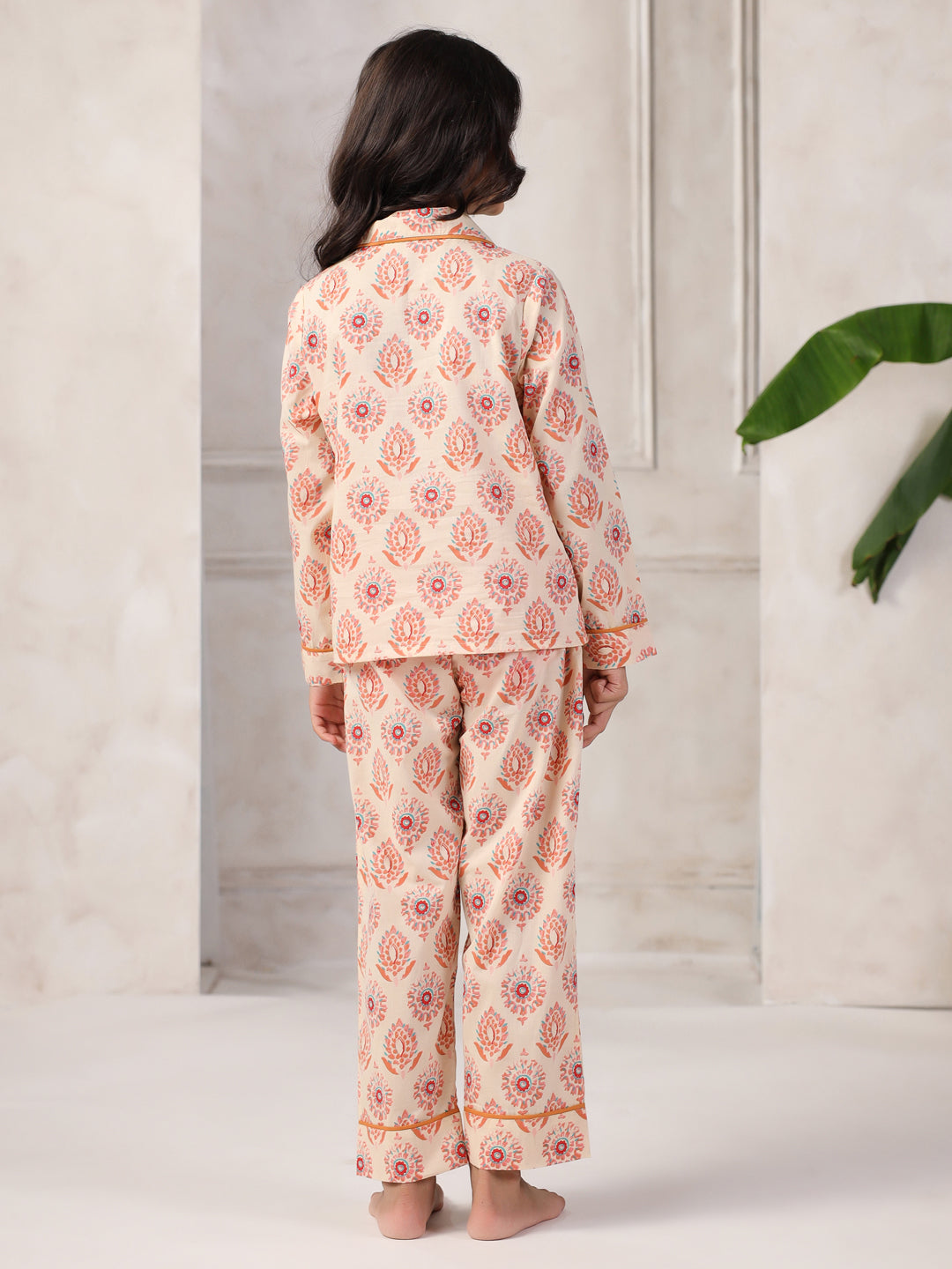 Pink Flower Printed Cotton Night Suit Set for Kids