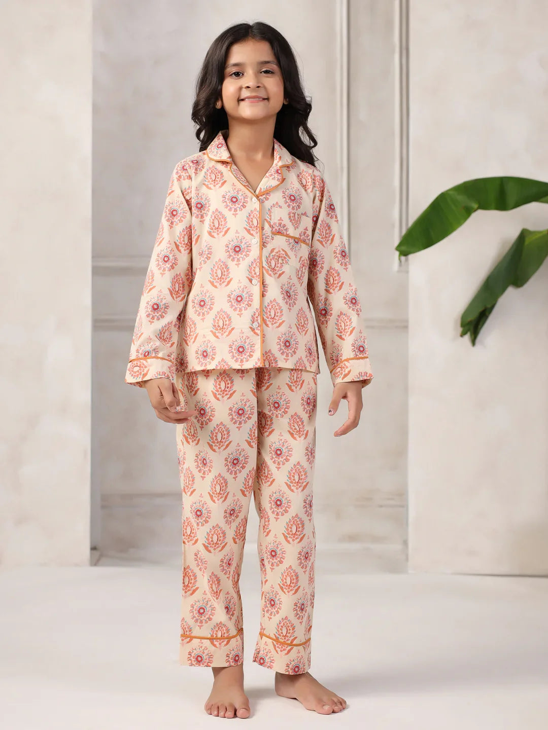 Pink Flower Printed Cotton Night Suit Set for Kids - SanskrutiHomes