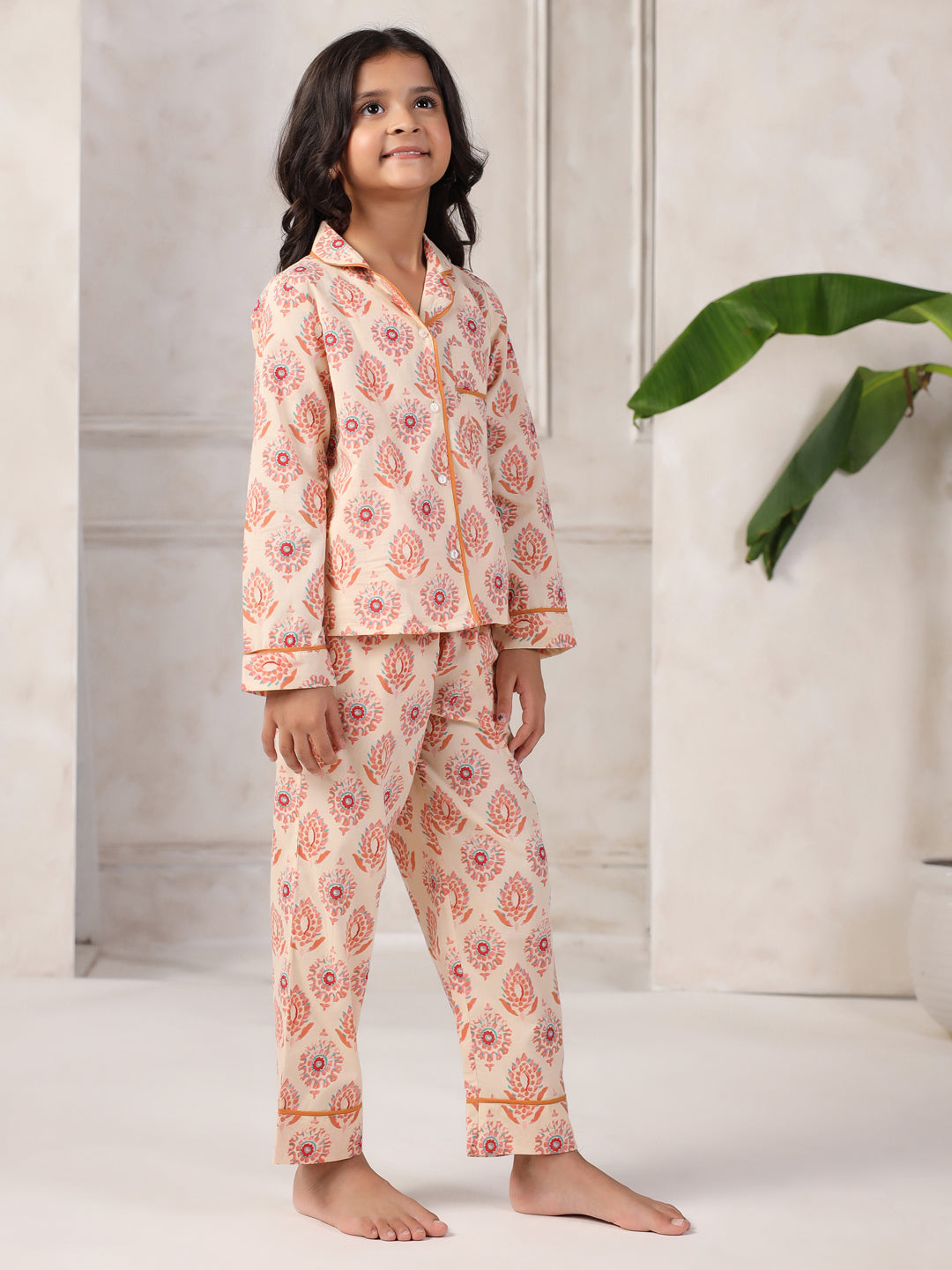 Pink Flower Printed Cotton Night Suit Set for Kids