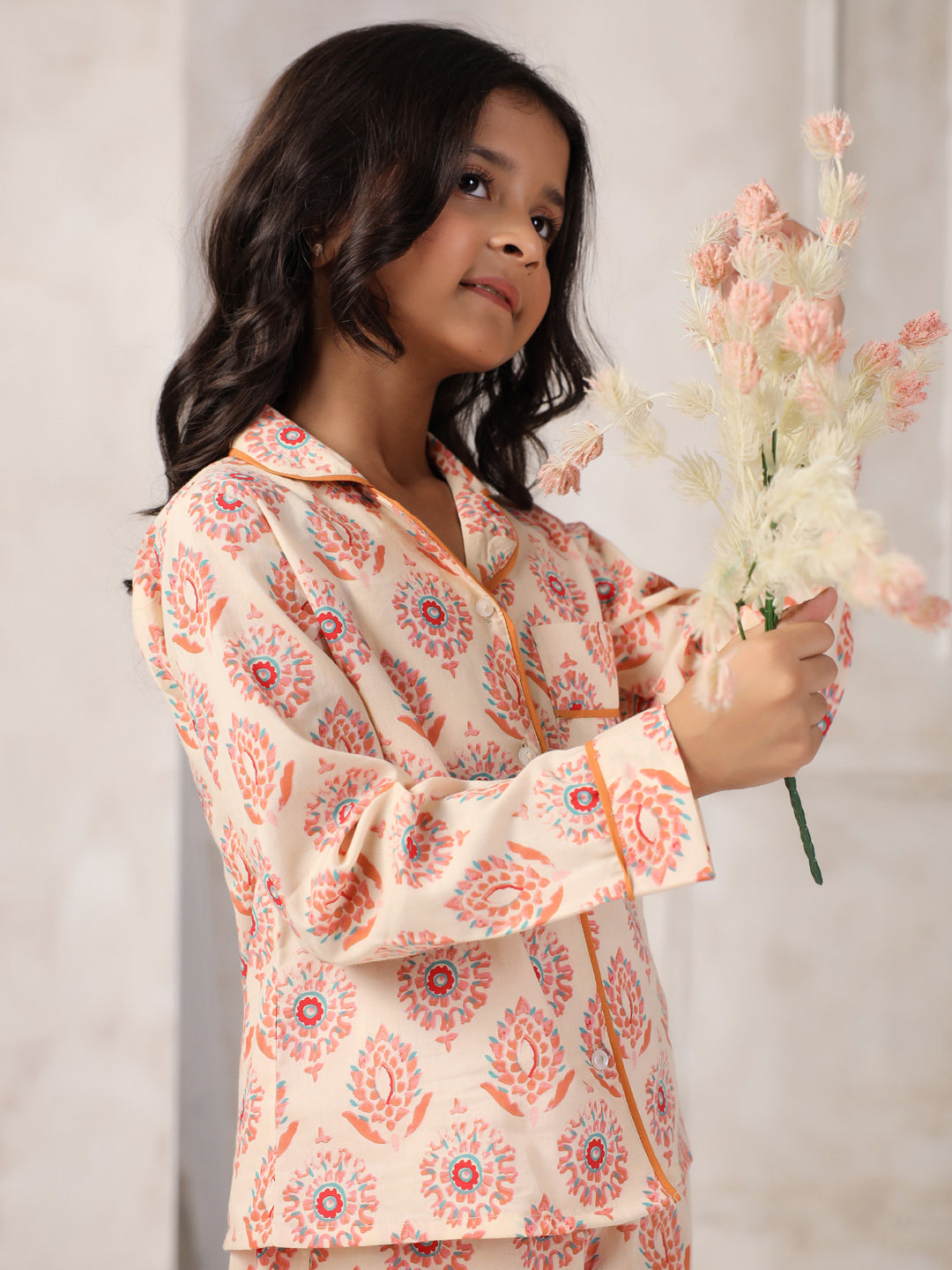 Pink Flower Printed Cotton Night Suit Set for Kids - SanskrutiHomes