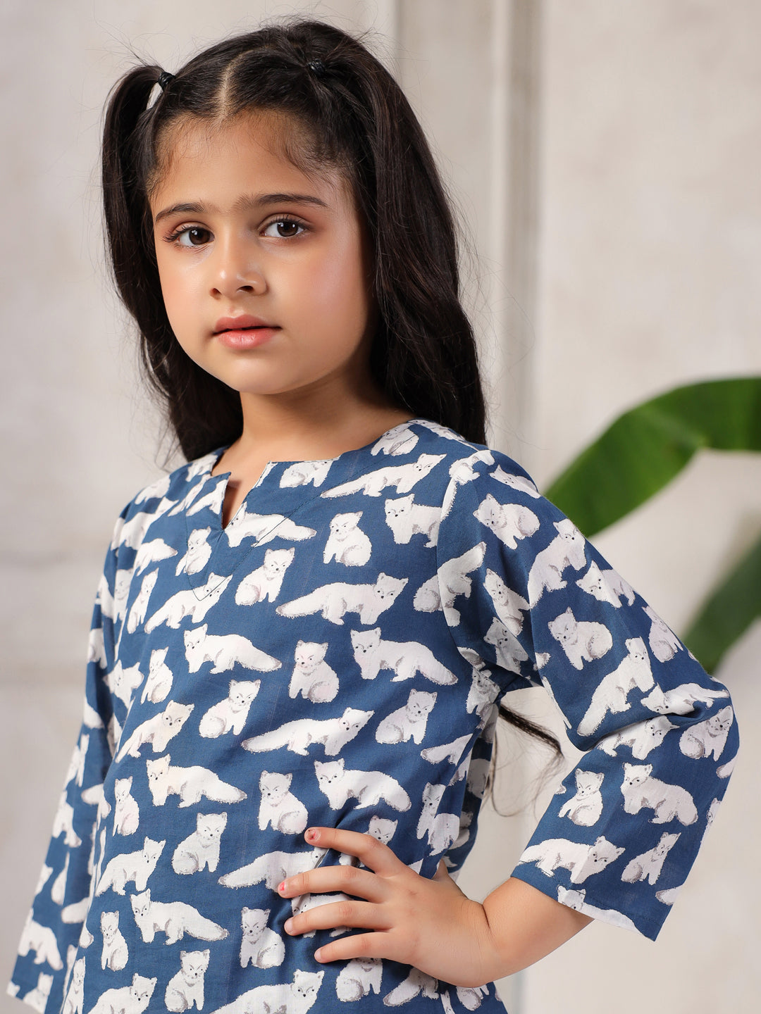 Blue Cotton Round Neck Night Suit for Kids