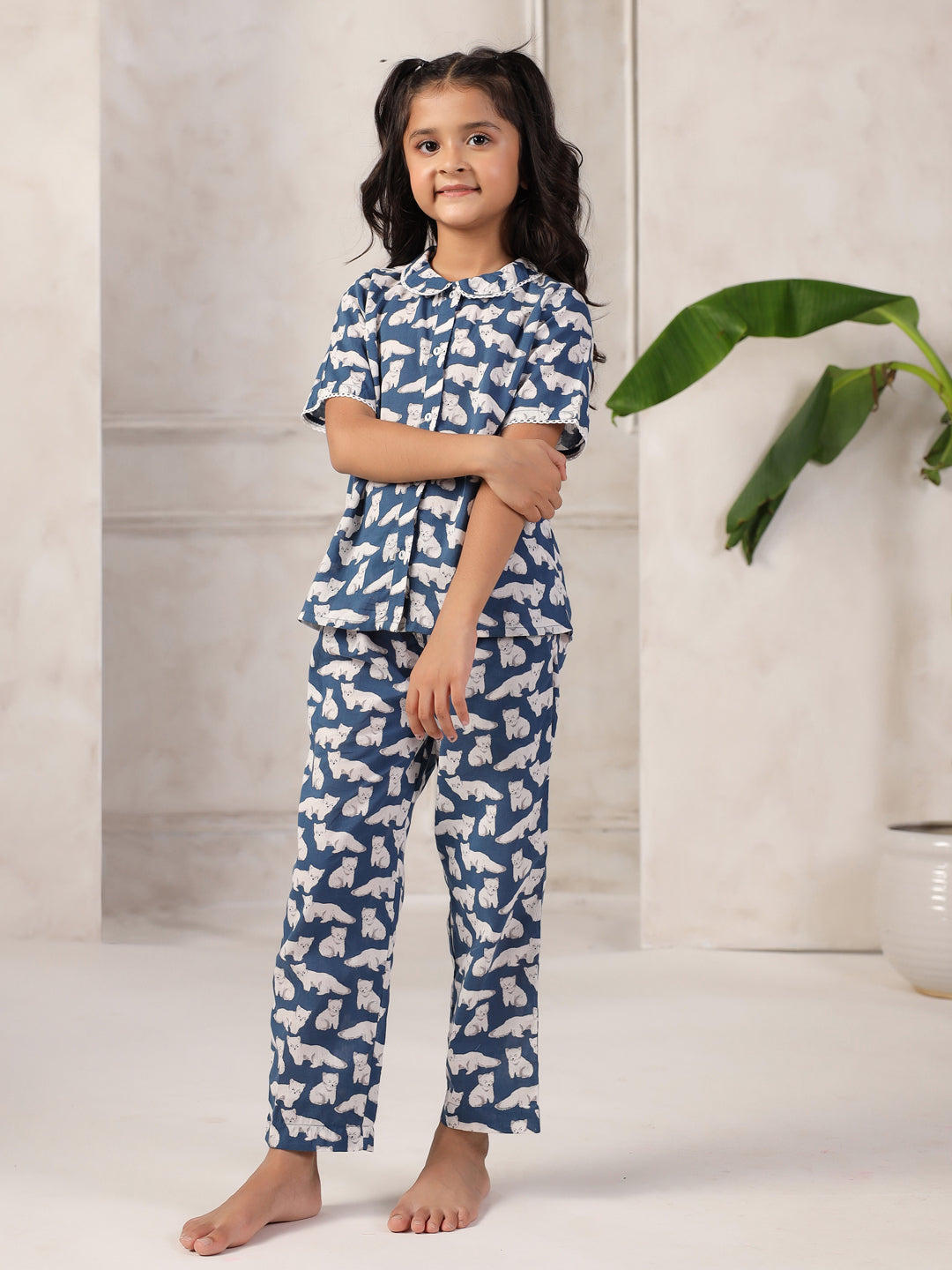 Blue Cotton Printed Night Suit for Kids