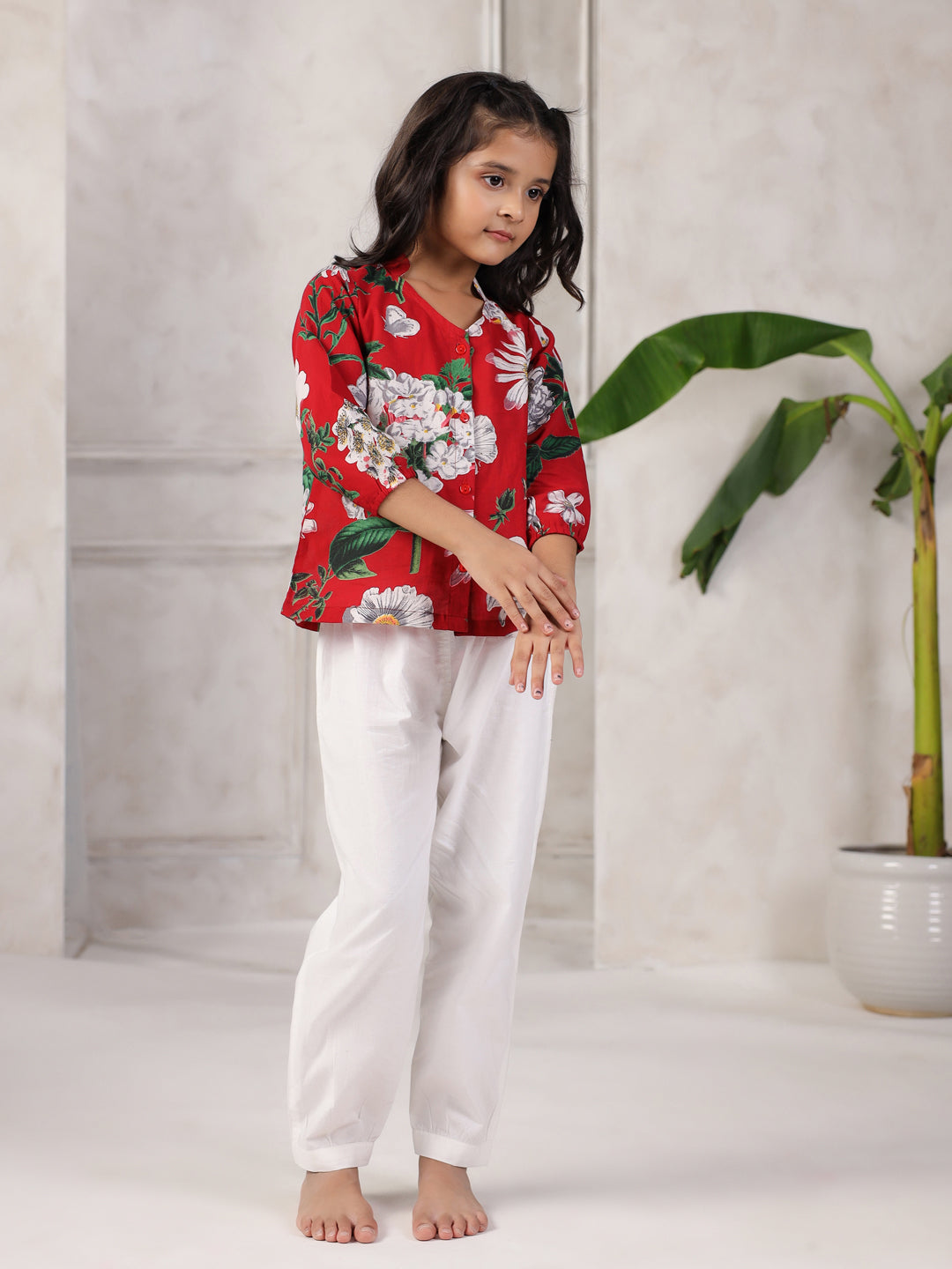 Red Printed Cotton Night Suit Set For Kids