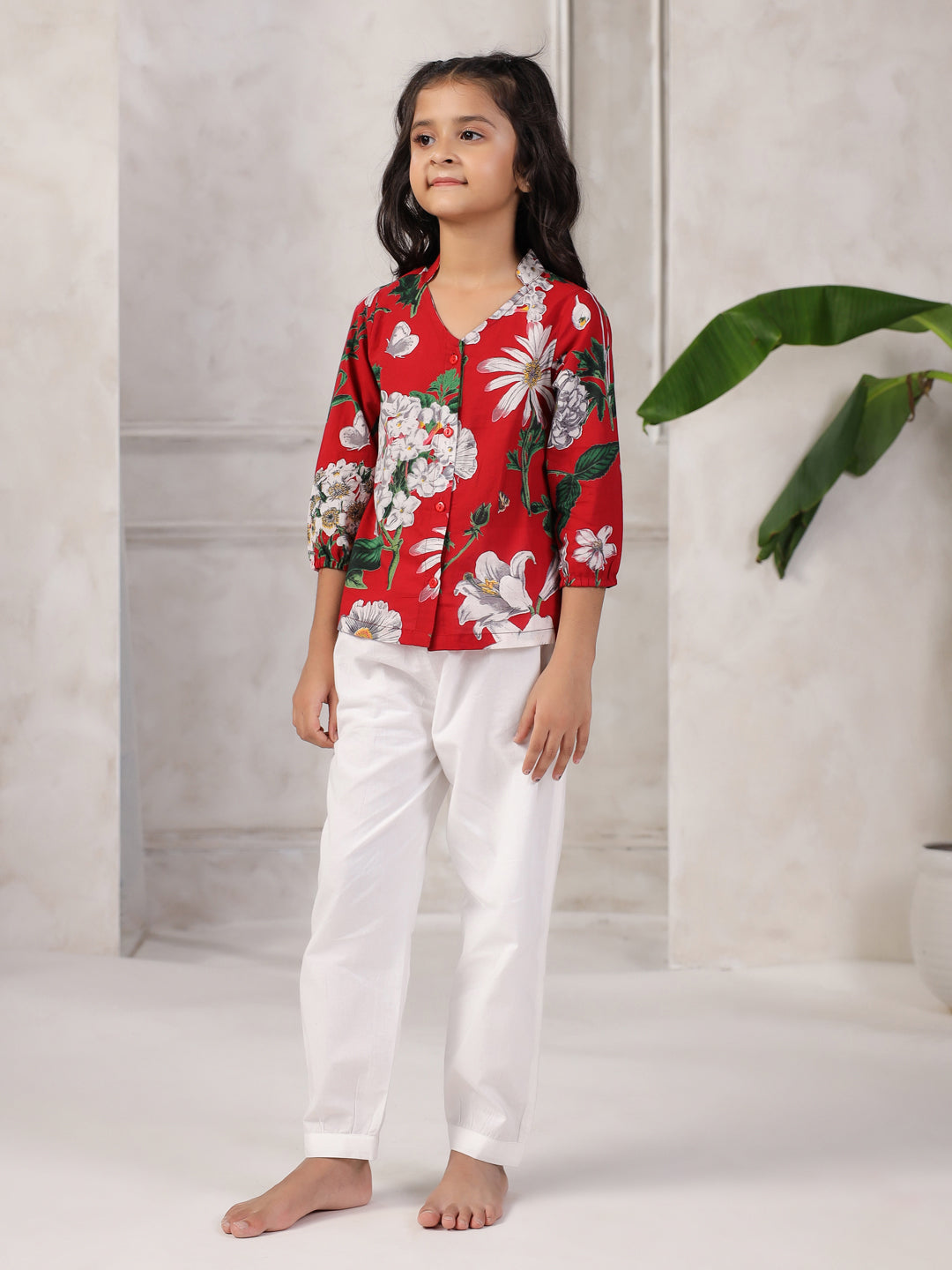 Red Printed Cotton Night Suit Set For Kids