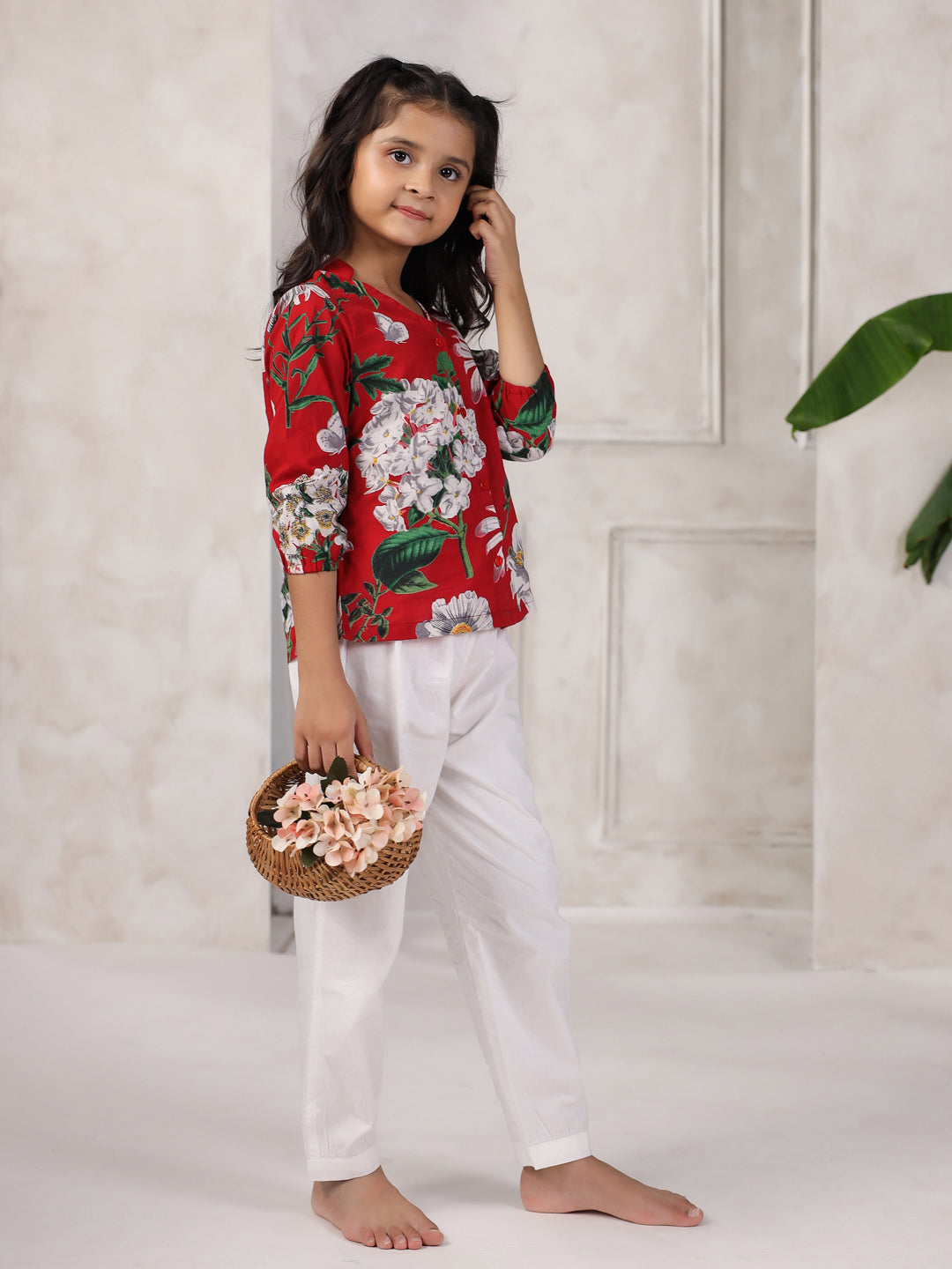 Red Printed Cotton Night Suit Set For Kids