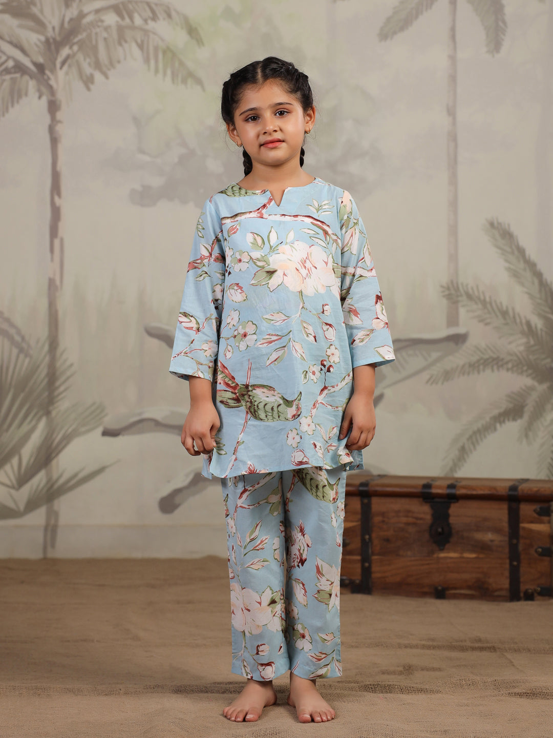 Blue Floral Printed Cotton Night Suit for Kids