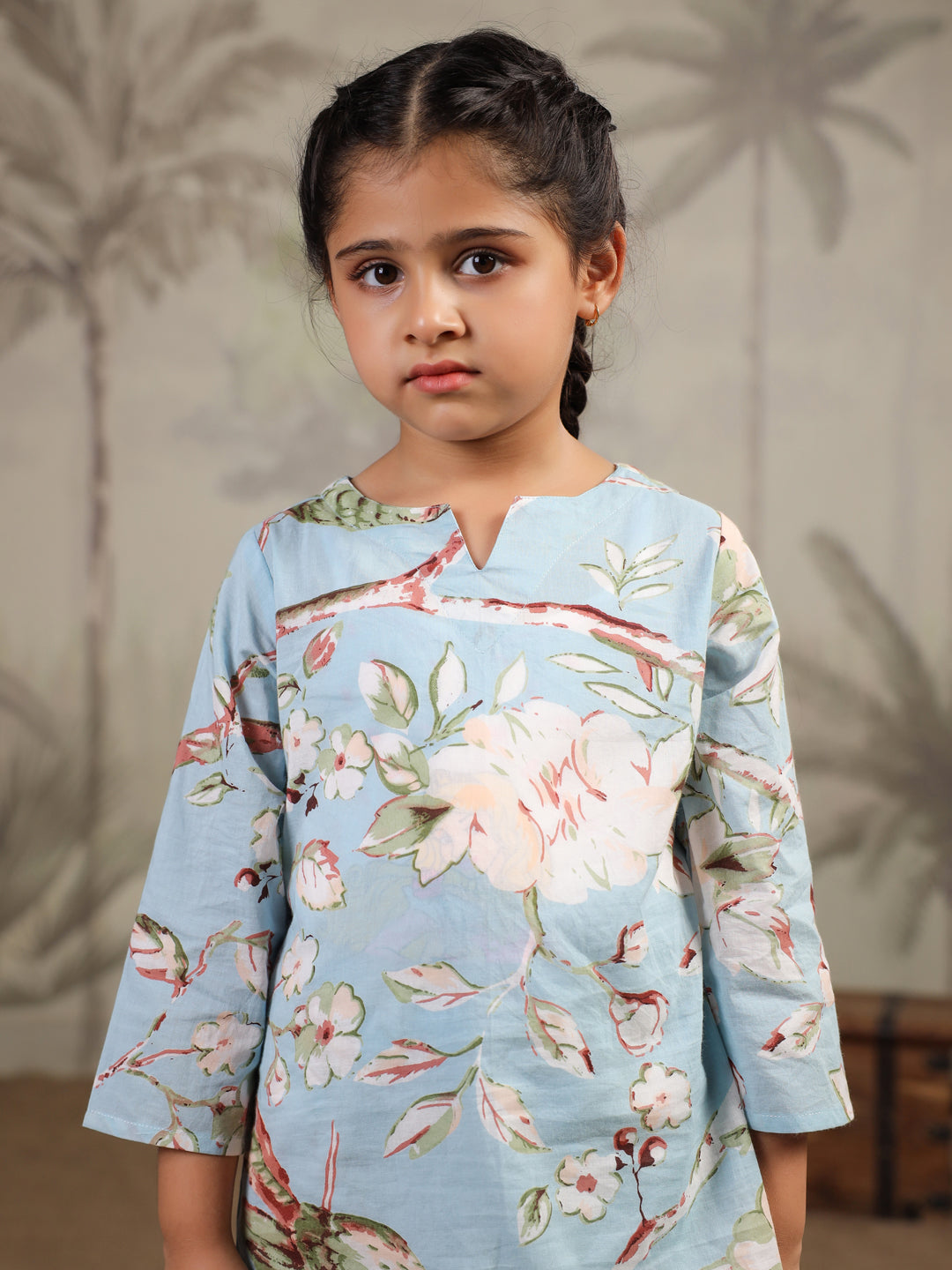Blue Floral Printed Cotton Night Suit for Kids - SanskrutiHomes