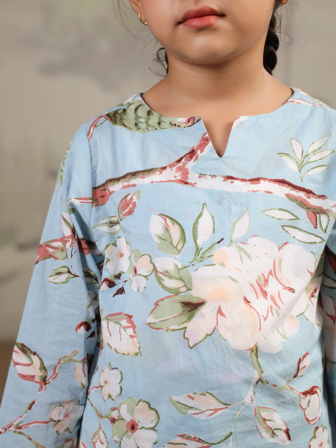 Blue Floral Printed Cotton Night Suit for Kids - SanskrutiHomes
