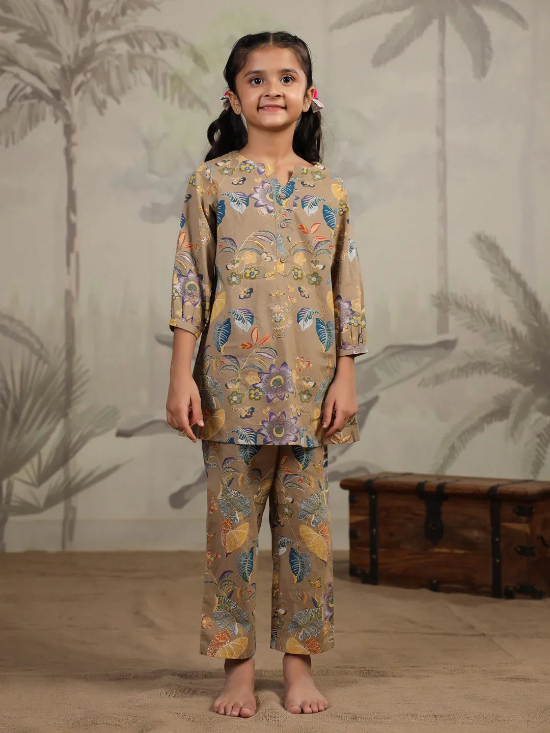 Brown Printed Cotton Night Suit for Kids - SanskrutiHomes