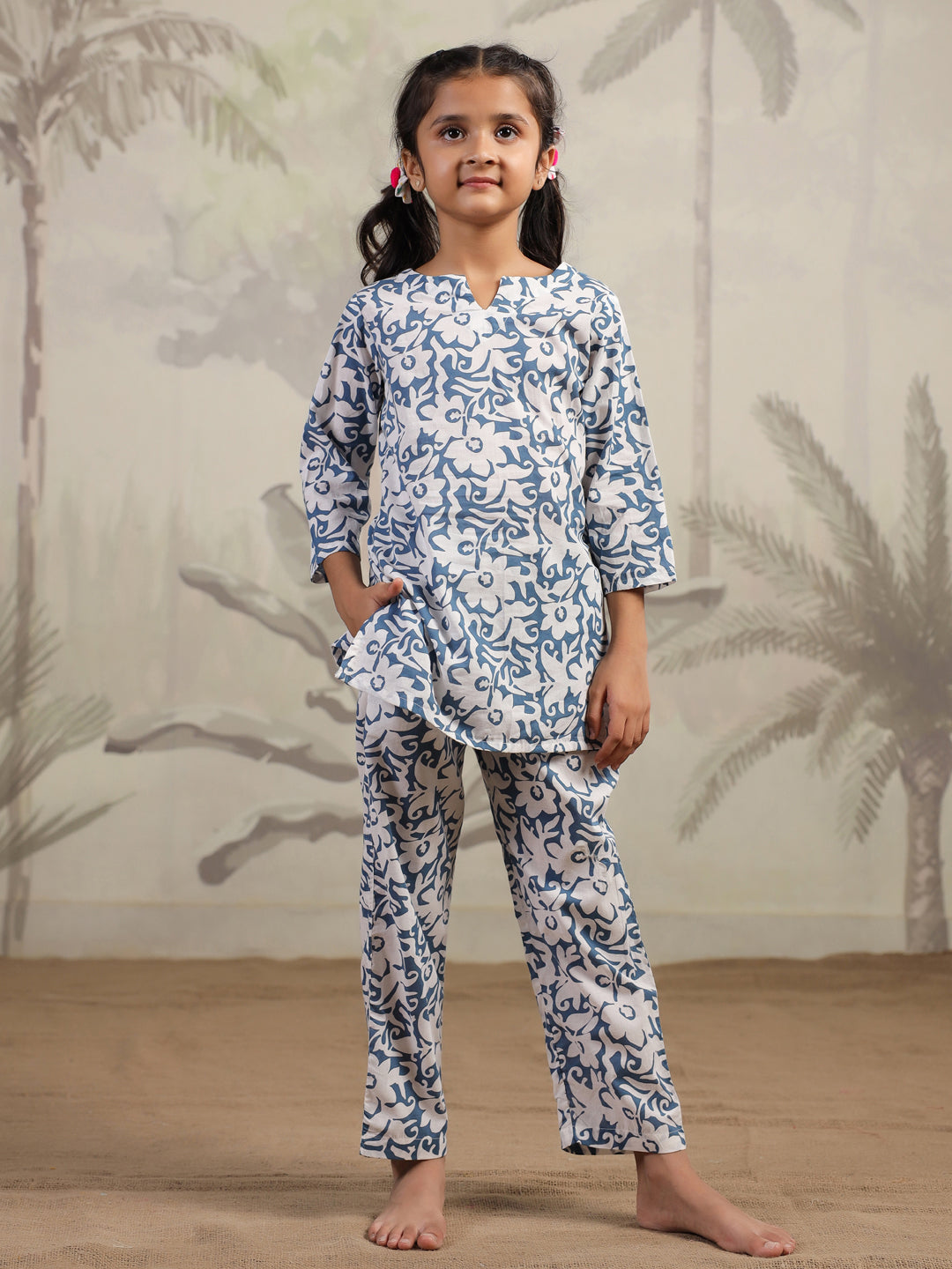 Blue Flower Printed Night Suit for Kids - SanskrutiHomes