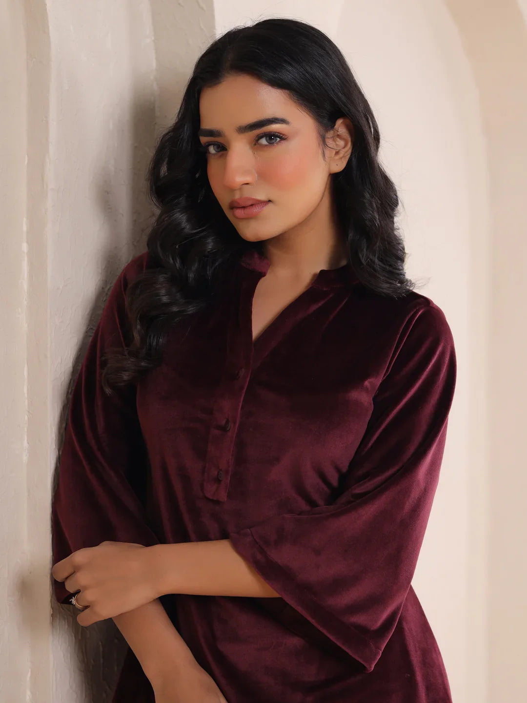 Maroon Solid Velvet Night Suit - SanskrutiHomes