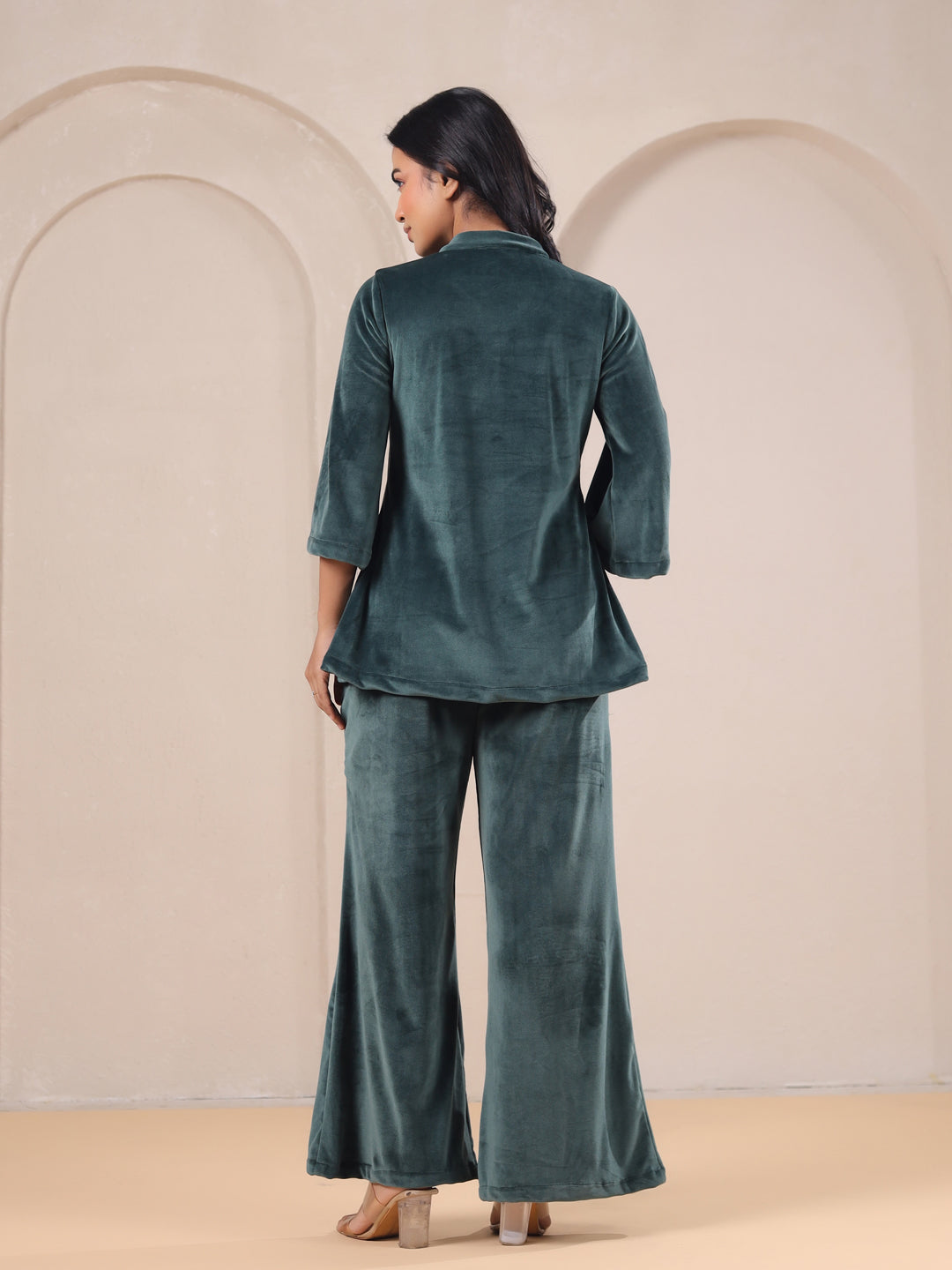 Olive Solid Velvet Night Suit Set