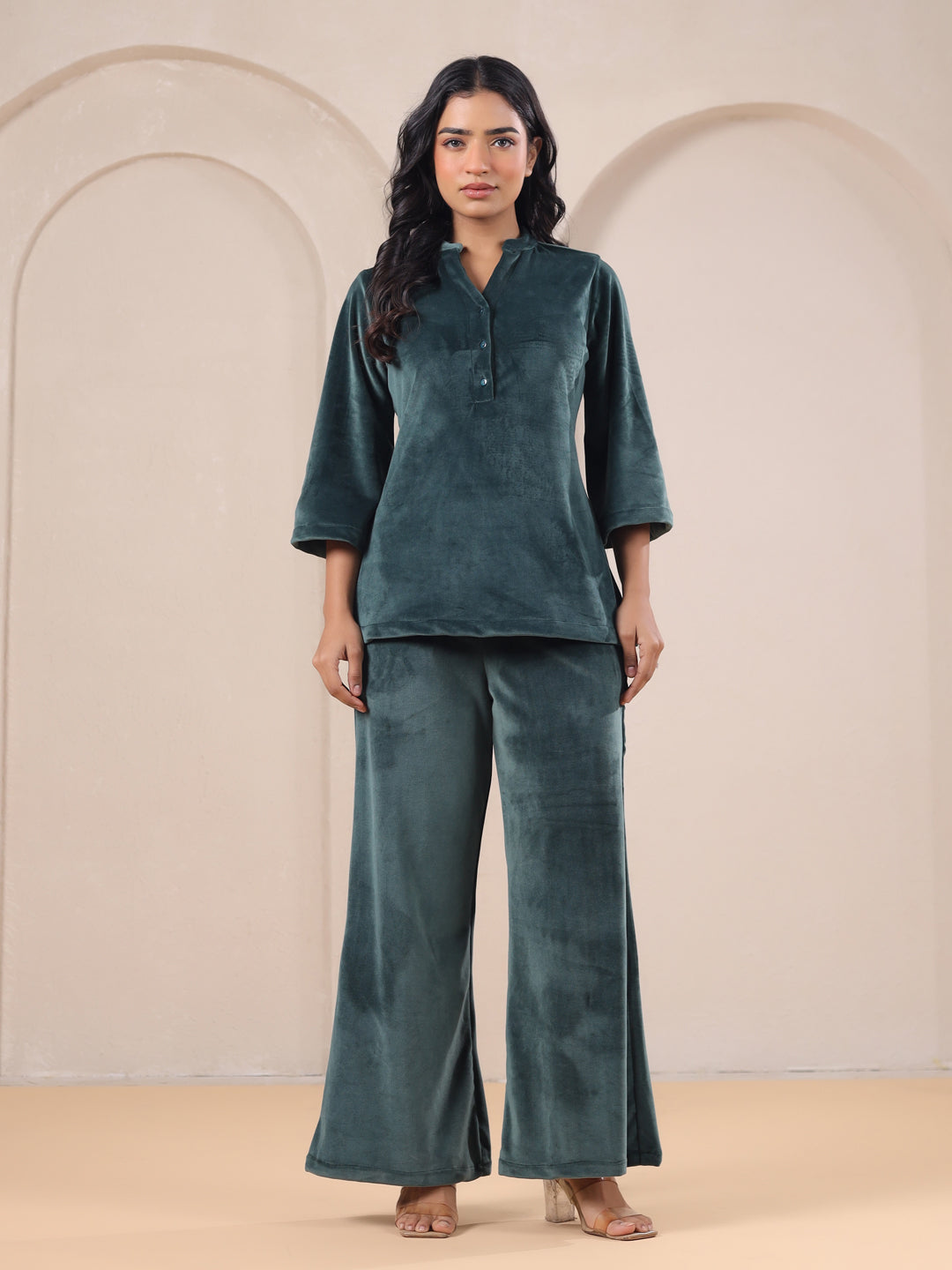 Olive Solid Velvet Night Suit Set
