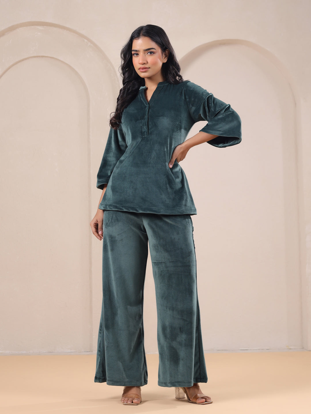 Olive Solid Velvet Night Suit Set