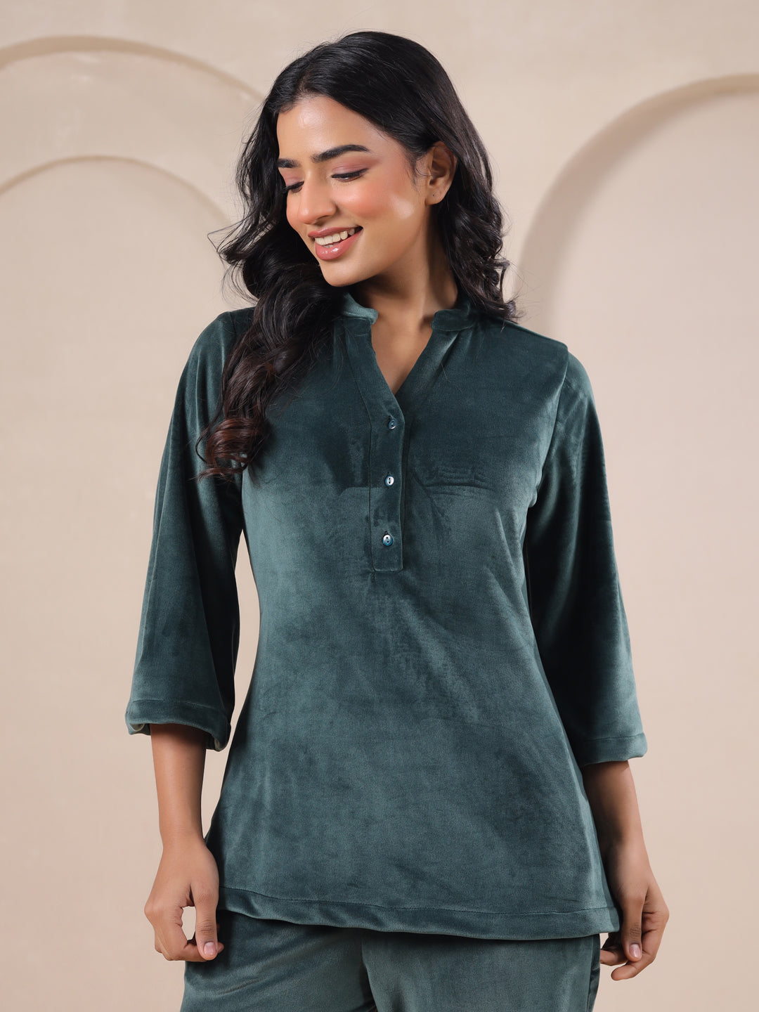 Olive Solid Velvet Night Suit Set