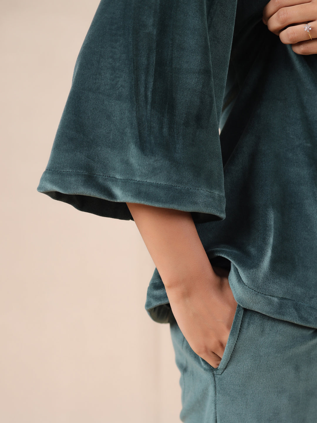 Olive Solid Velvet Night Suit Set