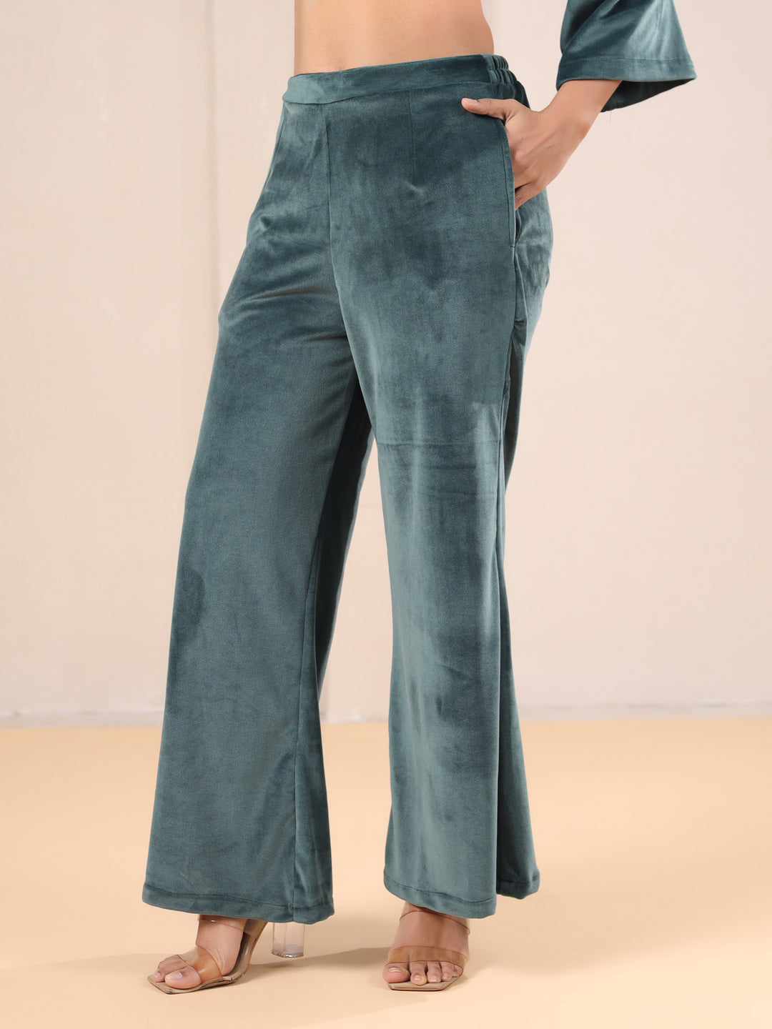 Olive Solid Velvet Night Suit Set