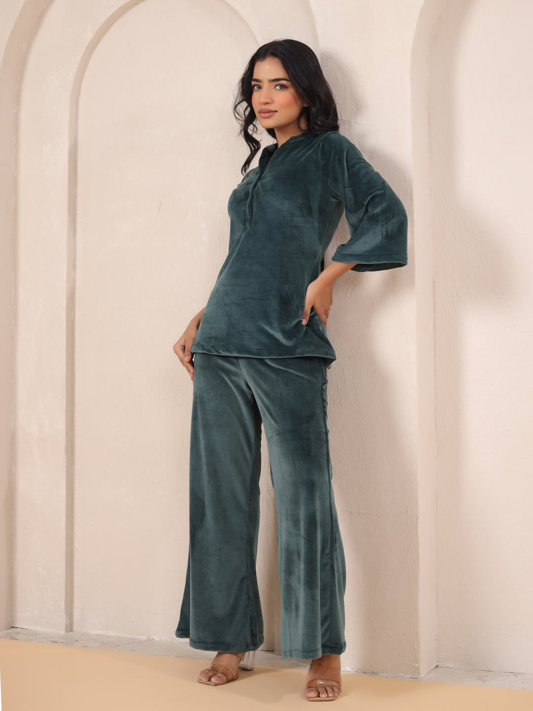 Olive Solid Velvet Night Suit Set