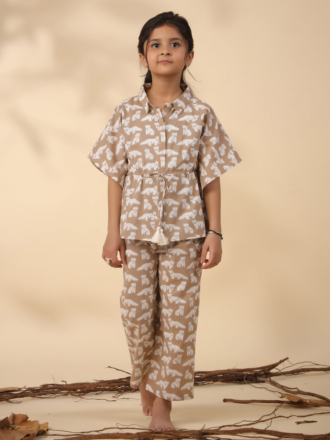 Kids Pure Cotton Brown Colour Printed Night suits